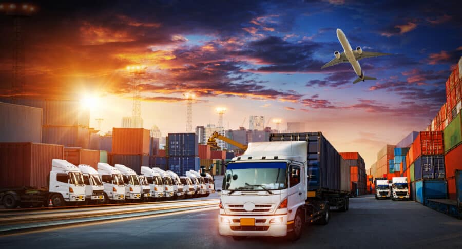 A truck transporting a storage container